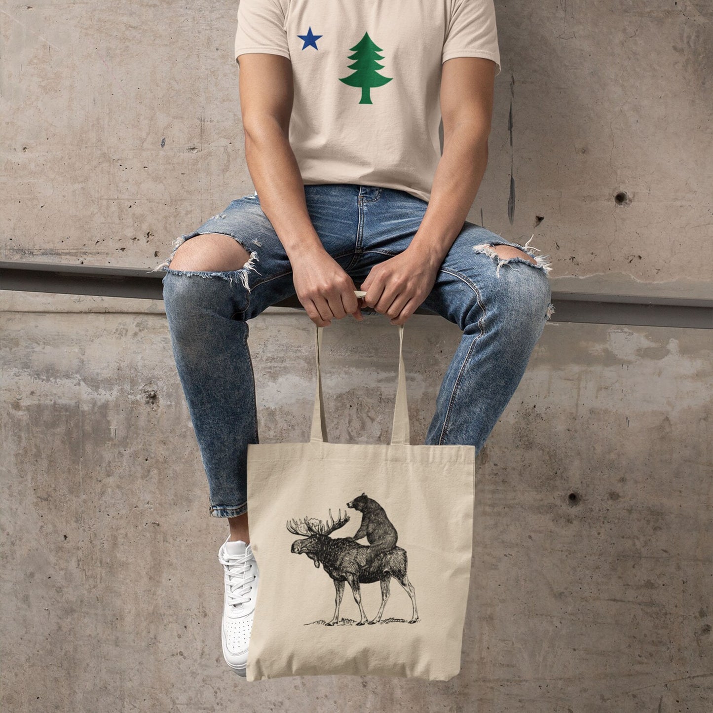 Mooseback Bear Tote Bag - Funny Maine Moose Gift Bag