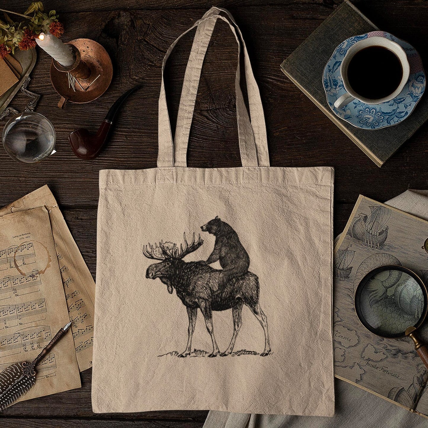 Mooseback Bear Tote Bag - Funny Maine Moose Gift Bag