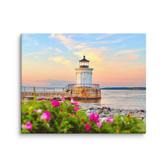 Sea Roses at Bug Light - Portland Maine Lighthouse Photo
