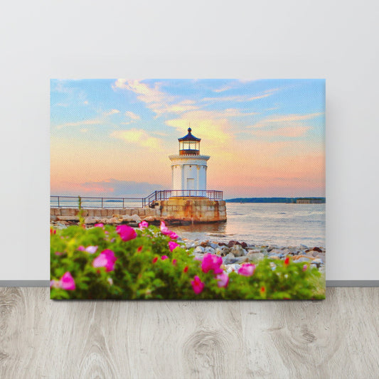 Sea Roses at Bug Light - Portland Maine Lighthouse Photo