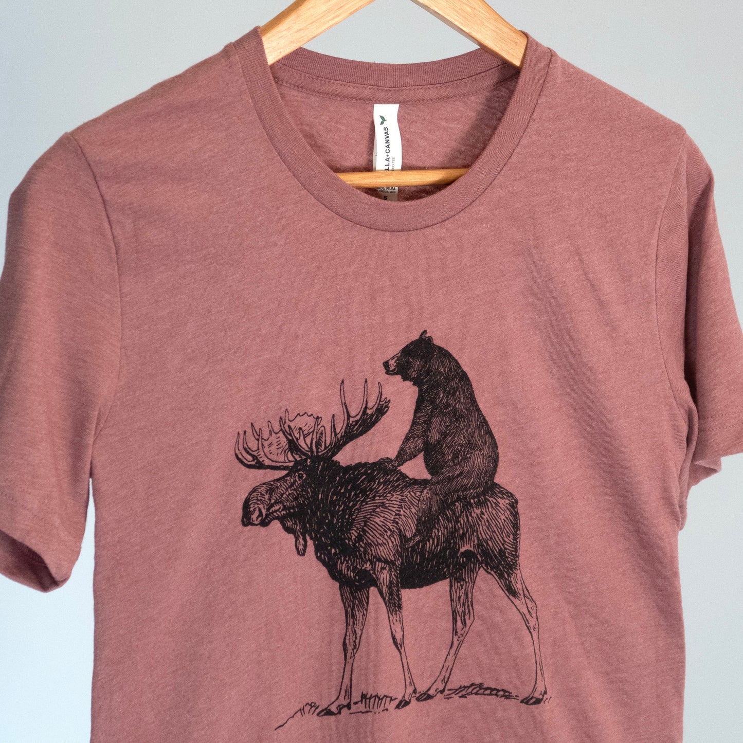 Mooseback Bear Eco-Tee - Sustainable Clothing - Organic and Recycled T-shirt - Funny Moose Tee - Bear Riding Moose T-shirt - Maine Gift