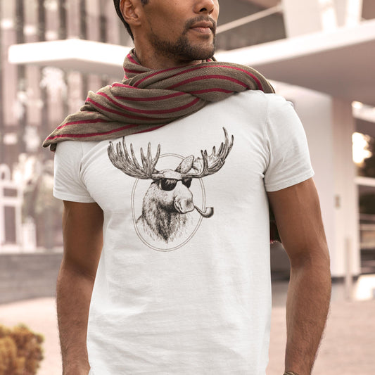 Joe Moose Eco-Tee - Sustainable Clothing - Funny Moose Shirt - Organic and Recycled T-shirt - Cool as a Moose Smoking Pipe - Maine Gift